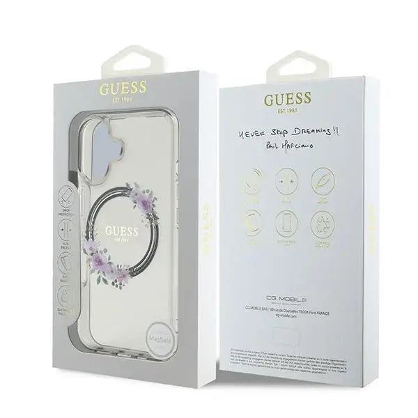Guess IML Flowers Wreath MagSafe case for iPhone 16 - black - Cell phone cases and covers<<<HurtelXML