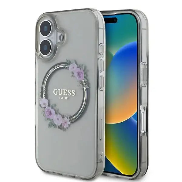 Guess IML Flowers Wreath MagSafe case for iPhone 16 - black - Cell phone cases and covers<<<HurtelXML