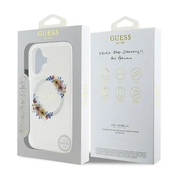 Guess IML Flowers Wreath MagSafe Case for iPhone 16 - Transparent - Cell phone cases and covers<<<HurtelXML