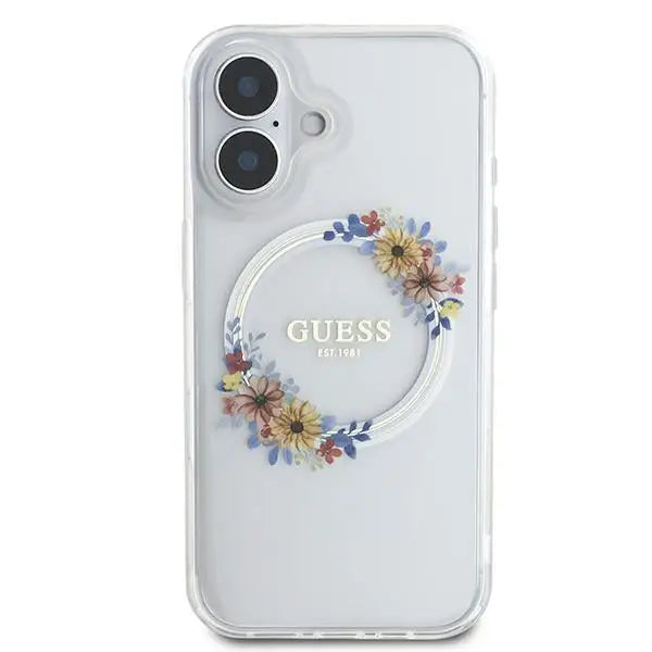 Guess IML Flowers Wreath MagSafe Case for iPhone 16 - Transparent - Cell phone cases and covers<<<HurtelXML