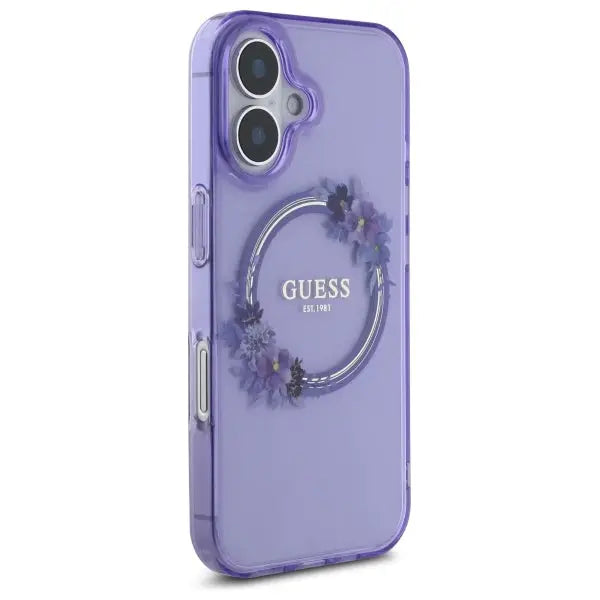 Guess IML Flowers Wreath MagSafe iPhone 16 Case - Purple - Cell phone cases and covers<<<HurtelXML