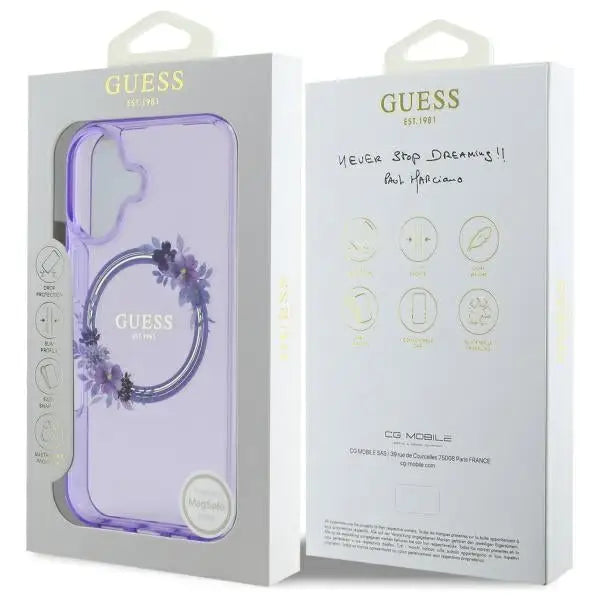 Guess IML Flowers Wreath MagSafe iPhone 16 Case - Purple - Cell phone cases and covers<<<HurtelXML