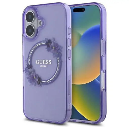 Guess IML Flowers Wreath MagSafe iPhone 16 Case - Purple - Cell phone cases and covers<<<HurtelXML