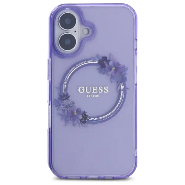 Guess IML Flowers Wreath MagSafe iPhone 16 Case - Purple - Cell phone cases and covers<<<HurtelXML