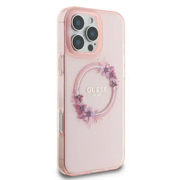 Guess IML Flowers Wreath MagSafe iPhone 16 Pro Case - Pink - Cell phone cases and covers<<<HurtelXML