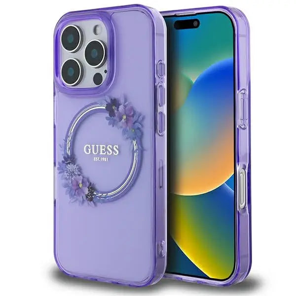 Guess IML Flowers Wreath MagSafe iPhone 16 Pro Case - Purple - Cell phone cases and covers<<<HurtelXML