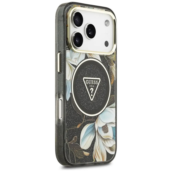 Guess IML Glitter Flowers Triangle MagSafe case for iPhone 17 Pro - black - Cell phone cases and covers<<<HurtelXML