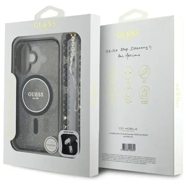 Guess IML Glitter With Pearl Strap MagSafe case for iPhone 16 - black - Cell phone cases and covers<<<HurtelXML