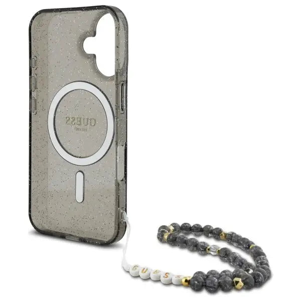 Guess IML Glitter With Pearl Strap MagSafe case for iPhone 16 - black - Cell phone cases and covers<<<HurtelXML
