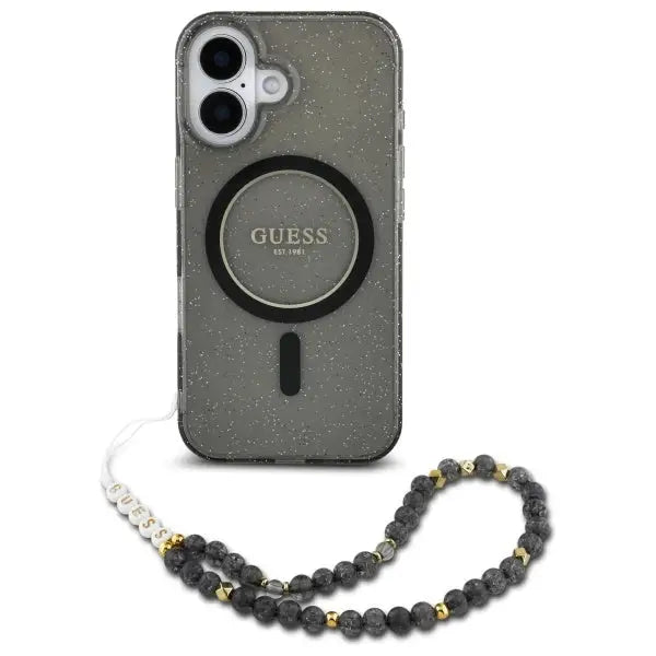 Guess IML Glitter With Pearl Strap MagSafe case for iPhone 16 - black - Cell phone cases and covers<<<HurtelXML