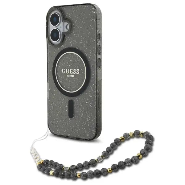 Guess IML Glitter With Pearl Strap MagSafe case for iPhone 16 - black - Cell phone cases and covers<<<HurtelXML