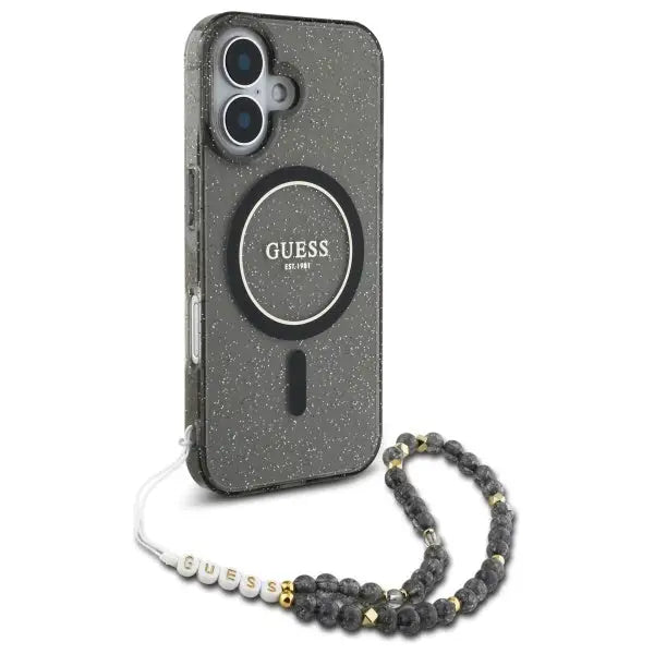Guess IML Glitter With Pearl Strap MagSafe case for iPhone 16 - black - Cell phone cases and covers<<<HurtelXML