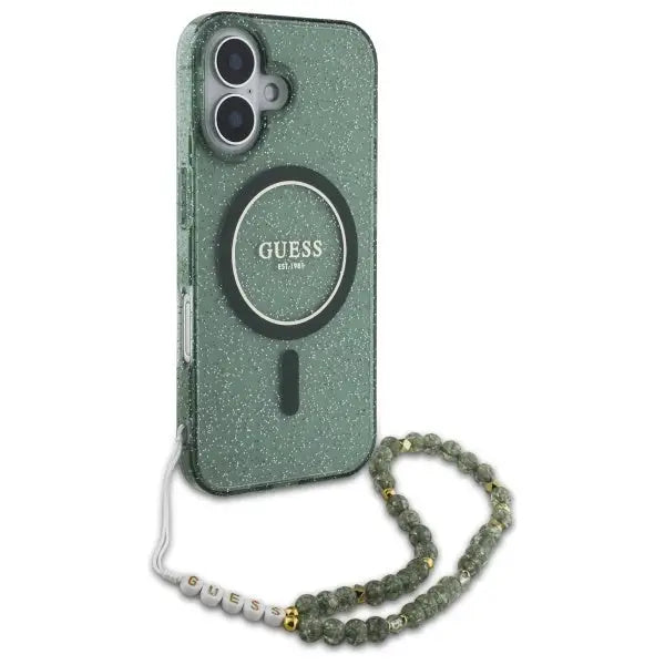 Guess IML Glitter With Pearl Strap MagSafe case for iPhone 16 Plus - green - Cell phone cases and covers<<<HurtelXML