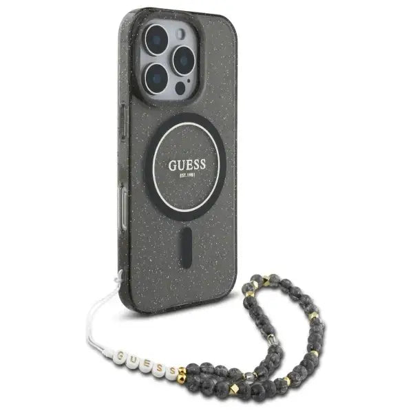 Guess IML Glitter With Pearl Strap MagSafe case for iPhone 16 Pro - black - Cell phone cases and covers<<<HurtelXML