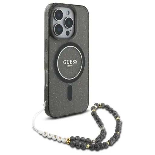 Guess IML Glitter With Pearl Strap MagSafe Case for iPhone 16 Pro Max - Black - Cell phone cases and covers<<<HurtelXML
