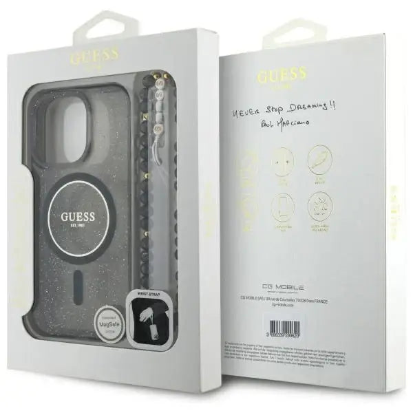 Guess IML Glitter With Pearl Strap MagSafe Case for iPhone 16 Pro Max - Black - Cell phone cases and covers<<<HurtelXML