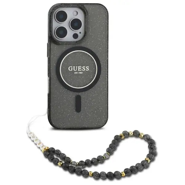 Guess IML Glitter With Pearl Strap MagSafe Case for iPhone 16 Pro Max - Black - Cell phone cases and covers<<<HurtelXML