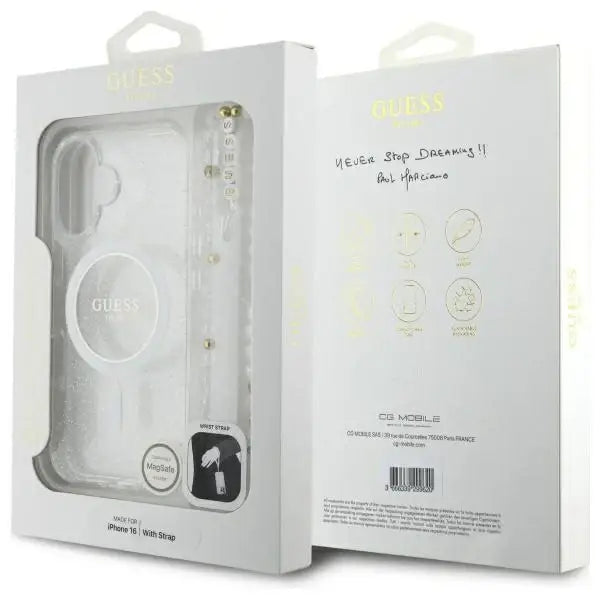 Guess IML Glitter With Pearl Strap MagSafe iPhone 16 Case - Clear - Cell phone cases and covers<<<HurtelXML