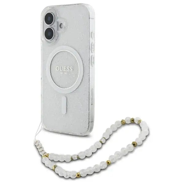 Guess IML Glitter With Pearl Strap MagSafe iPhone 16 Case - Clear - Cell phone cases and covers<<<HurtelXML