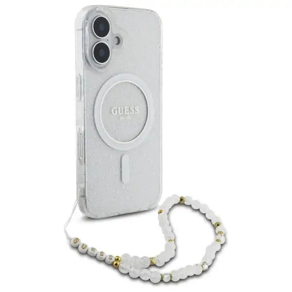 Guess IML Glitter With Pearl Strap MagSafe iPhone 16 Case - Clear - Cell phone cases and covers<<<HurtelXML