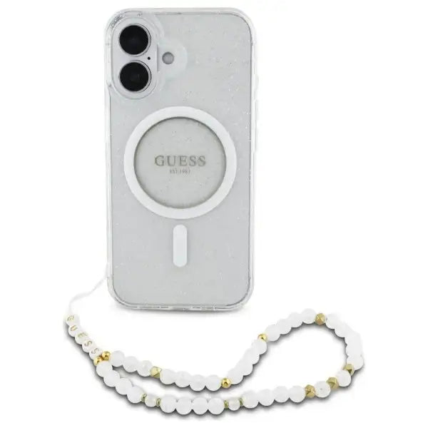 Guess IML Glitter With Pearl Strap MagSafe iPhone 16 Case - Clear - Cell phone cases and covers<<<HurtelXML