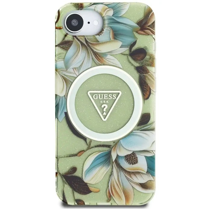 Guess IML Metal Glitter Flowers Triangle MagSafe iPhone 16e Case - Green - Cell phone cases and covers<<<HurtelXML