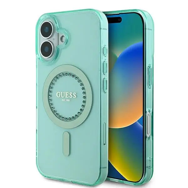 Guess IML Rhinestones MagSafe iPhone 16 Case - Green - Cell phone cases and covers<<<HurtelXML