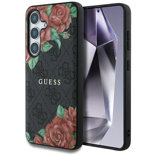 Guess Leather 4G Flowers Print Metal Classic Logo MagSafe Case for Samsung Galaxy S25 - Black - Cell phone cases