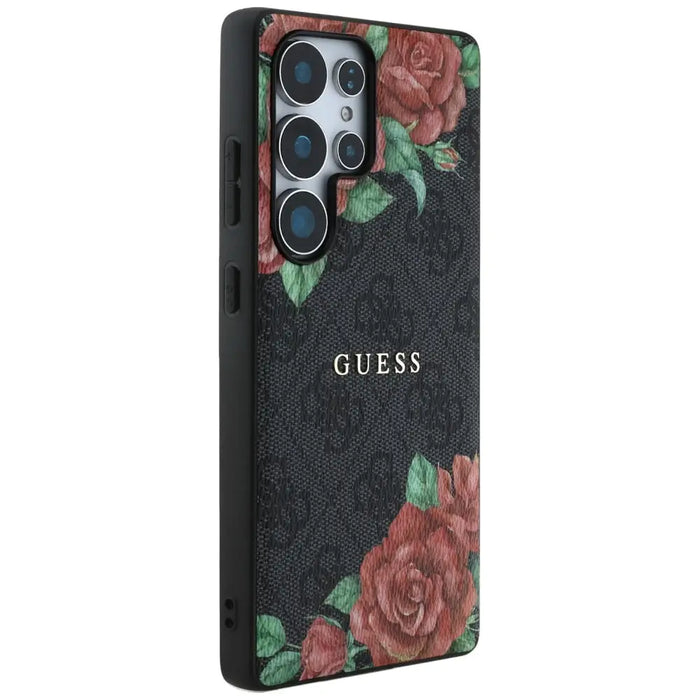Guess Leather 4G Flowers Print Metal Classic Logo MagSafe Case for Samsung Galaxy S25 Ultra - Black - Cell phone cases