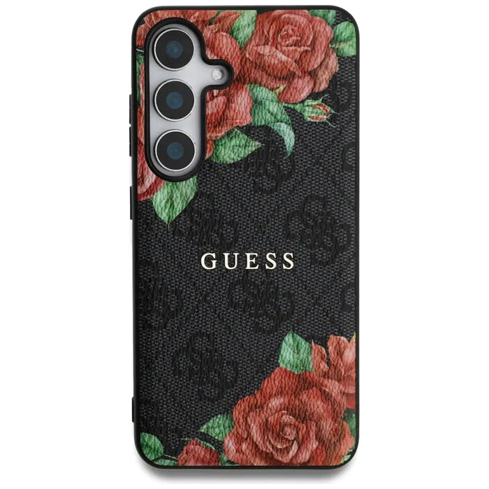 Guess Leather 4G Flowers Print Metal Classic Logo MagSafe Case for Samsung Galaxy S25 - Black - Cell phone cases