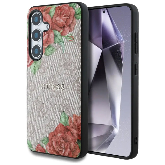 Guess Leather 4G Flowers Print Metal Classic Logo MagSafe Case for Samsung Galaxy S25 - Pink - Cell phone cases