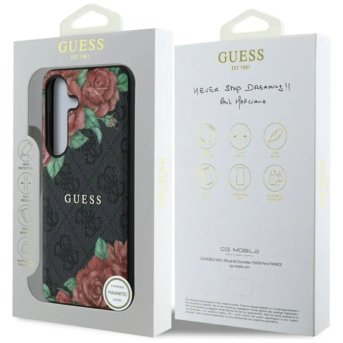 Guess Leather 4G Flowers Print Metal Classic Logo MagSafe Case for Samsung Galaxy S25 - Black - Cell phone cases