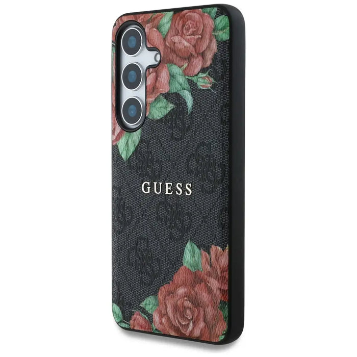 Guess Leather 4G Flowers Print Metal Classic Logo MagSafe Case for Samsung Galaxy S25 - Black - Cell phone cases