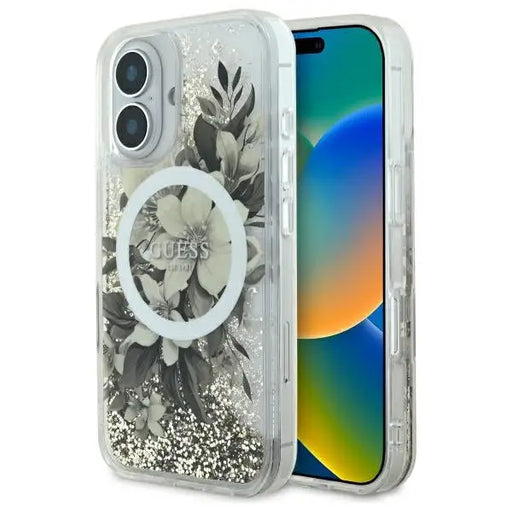 Guess Liquid Glitter Flower MagSafe iPhone 16 Case - Beige - Cell phone cases and covers<<<HurtelXML