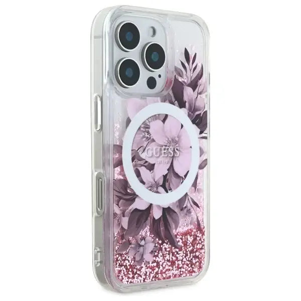 Guess Liquid Glitter Flower MagSafe iPhone 16 Pro Case - Pink - Cell phone cases and covers<<<HurtelXML