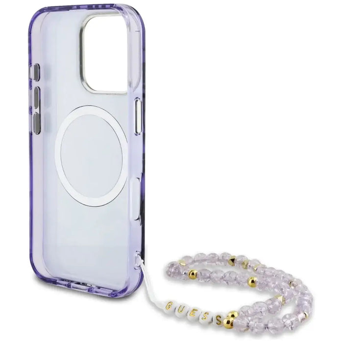 Guess Palm Trees Triangle Pearl Strap MagSafe Case for iPhone 16 Pro Max Purple - Cell phone cases