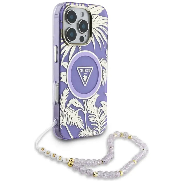 Guess Palm Trees Triangle Pearl Strap MagSafe Case for iPhone 16 Pro Purple - Cell phone cases and covers<<<HurtelXML