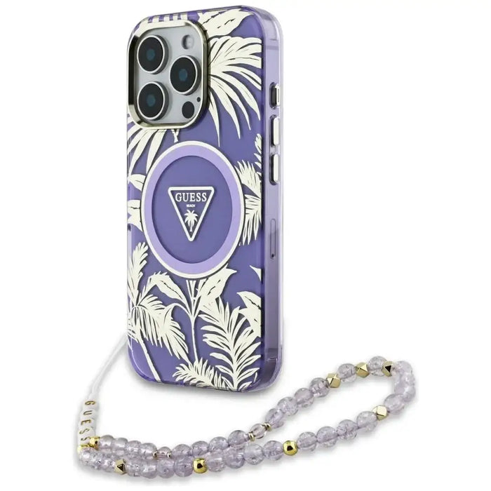 Guess Palm Trees Triangle Pearl Strap MagSafe Case for iPhone 16 Pro Purple - Cell phone cases and covers<<<HurtelXML