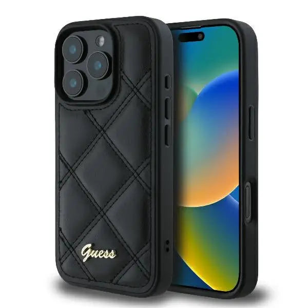 Guess Quilted Metal Logo iPhone 16 Pro Case - Black - Cell phone cases and covers<<<HurtelXML