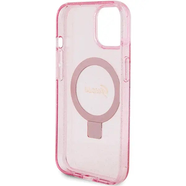 Guess Ring Stand Script Glitter MagSafe case for iPhone 15 Plus / 14 Plus - pink - Cell phone cases