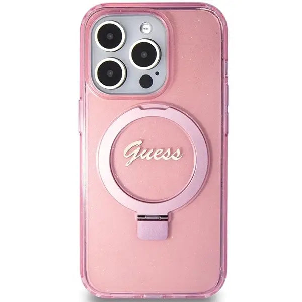 Guess Ring Stand Script Glitter MagSafe case for iPhone 15 Pro Max - pink - Cell phone cases and covers<<<HurtelXML