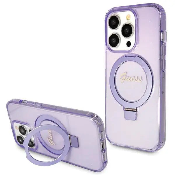 Guess Ring Stand Script Glitter MagSafe case for iPhone 15 Pro Max - purple - Cell phone cases and covers<<<HurtelXML