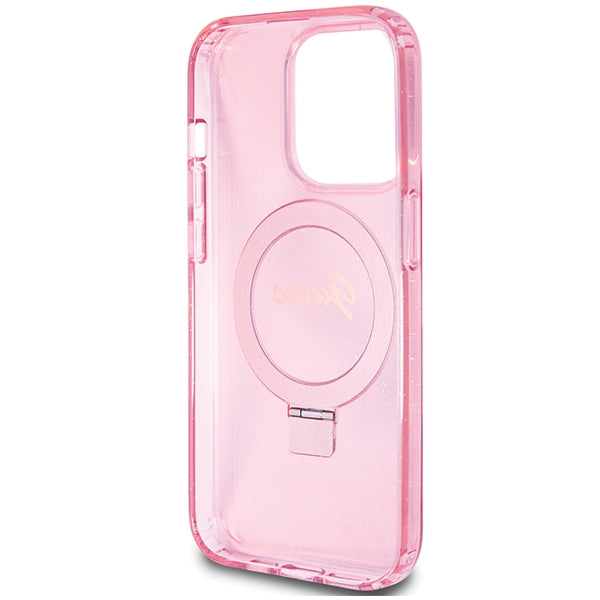 Guess Ring Stand Script Glitter MagSafe case for iPhone 15 Pro - pink - Cell phone cases and covers<<<HurtelXML