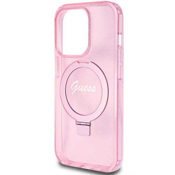 Guess Ring Stand Script Glitter MagSafe case for iPhone 15 Pro - pink - Cell phone cases and covers<<<HurtelXML