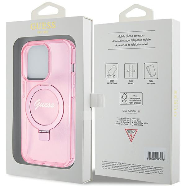 Guess Ring Stand Script Glitter MagSafe case for iPhone 15 Pro - pink - Cell phone cases and covers<<<HurtelXML
