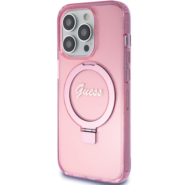 Guess Ring Stand Script Glitter MagSafe case for iPhone 15 Pro - pink - Cell phone cases and covers<<<HurtelXML