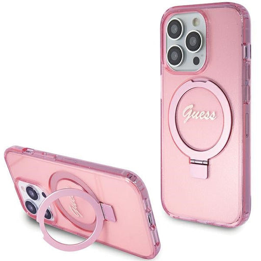 Guess Ring Stand Script Glitter MagSafe case for iPhone 15 Pro - pink - Cell phone cases and covers<<<HurtelXML