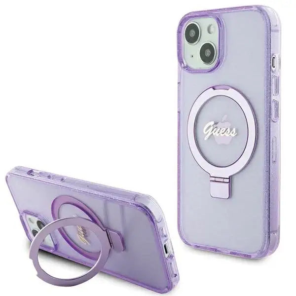 Guess Ring Stand Script Glitter MagSafe case for iPhone 15 - purple - Cell phone cases and covers<<<HurtelXML