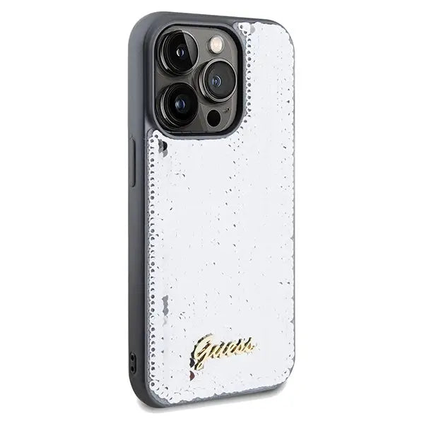 Guess Sequin Script Metal case for iPhone 14 Pro - silver - Cell phone cases and covers<<<HurtelXML