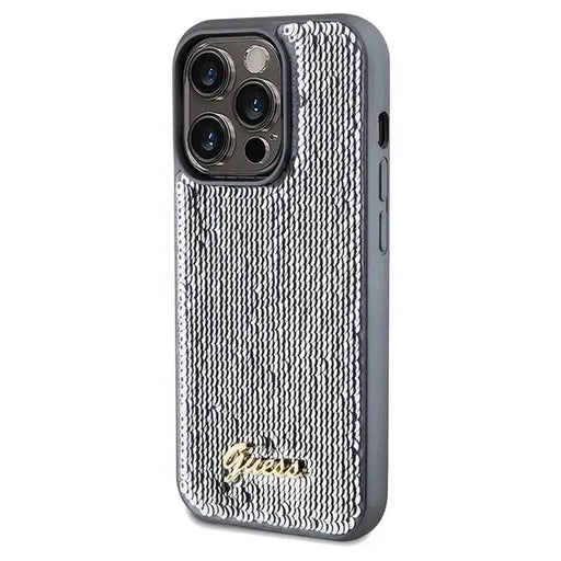 Guess Sequin Script Metal case for iPhone 14 Pro - silver - Cell phone cases and covers<<<HurtelXML